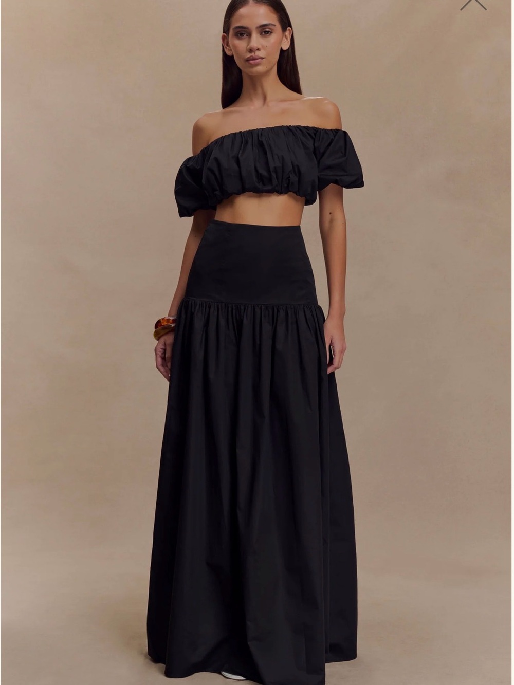 Meshki “Autumn Set” Black Two Piece Maxi Skirt Set Off Shoulder Crop Top S/M